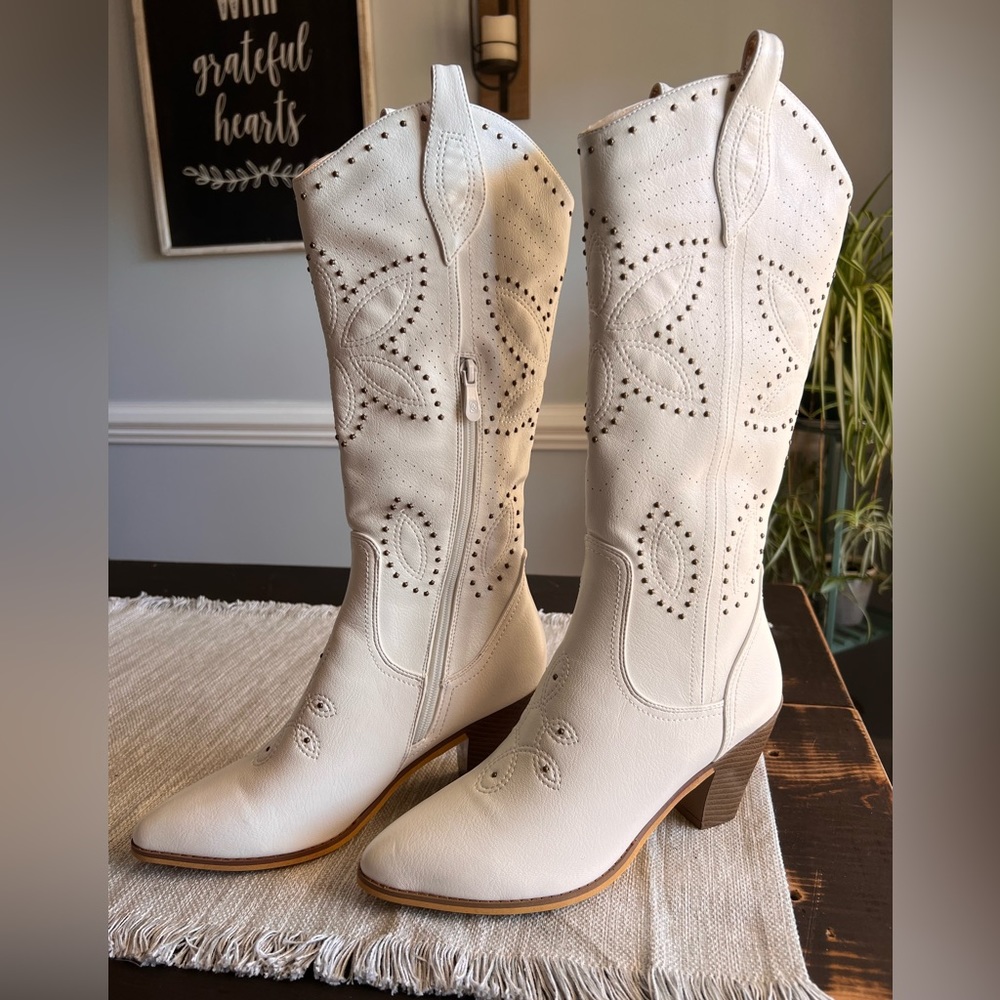 NEW White studded cowboy boots with a heel